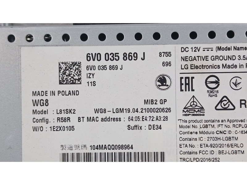 Recambio de sistema audio / radio para skoda fabia iii (nj3) 1.0 tsi referencia OEM IAM 6V0035871JIZY  