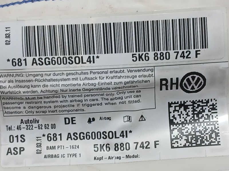 Recambio de airbag cortina delantero derecho para volkswagen golf plus v (5m1, 521) 1.2 tsi referencia OEM IAM 5K6880742F  