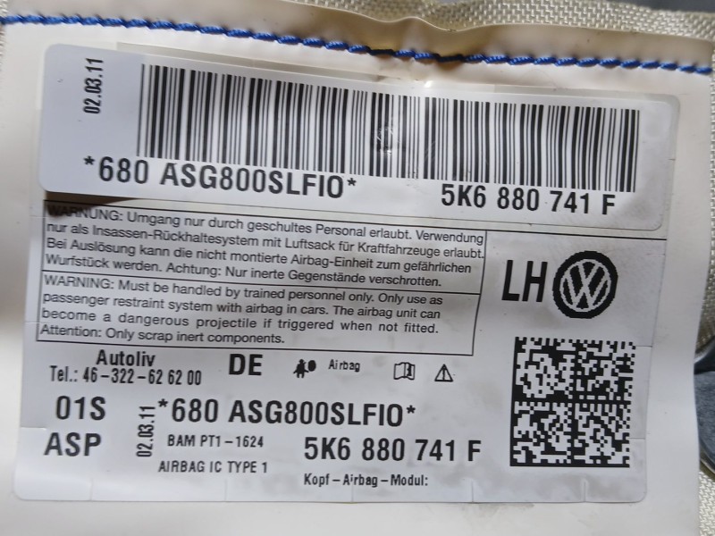 Recambio de airbag cortina delantero izquierdo para volkswagen golf plus v (5m1, 521) 1.2 tsi referencia OEM IAM 5K6880741F  