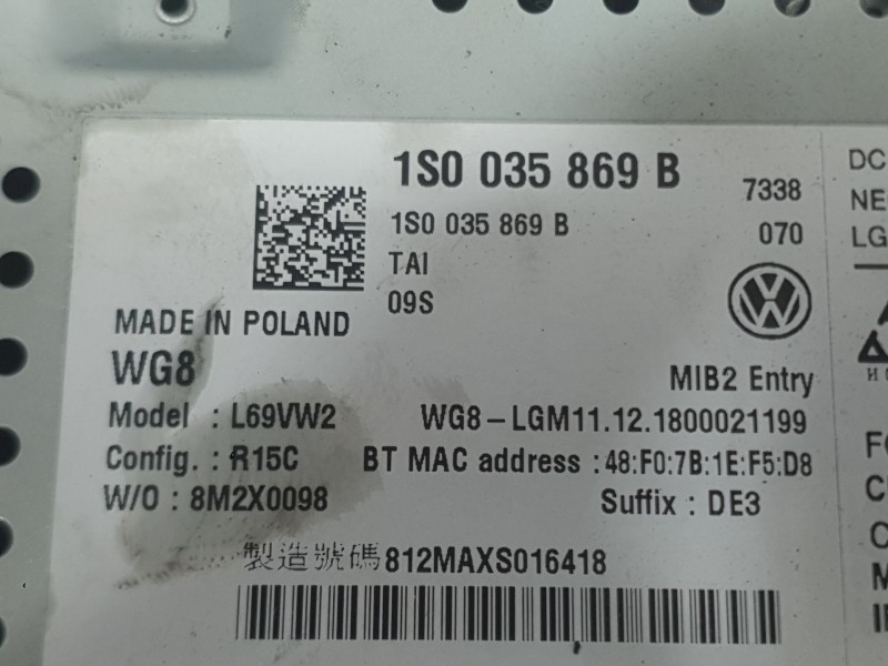Recambio de sistema audio / radio para volkswagen up! (121, 122, bl1, bl2, bl3, 123) e-up referencia OEM IAM 1S0035869B  