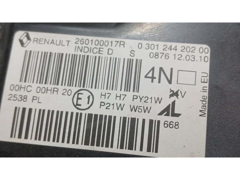 Recambio de faro derecho para renault megane iii hatchback (bz0/1_, b3_) 1.5 dci referencia OEM IAM 260108719R 260100850R 