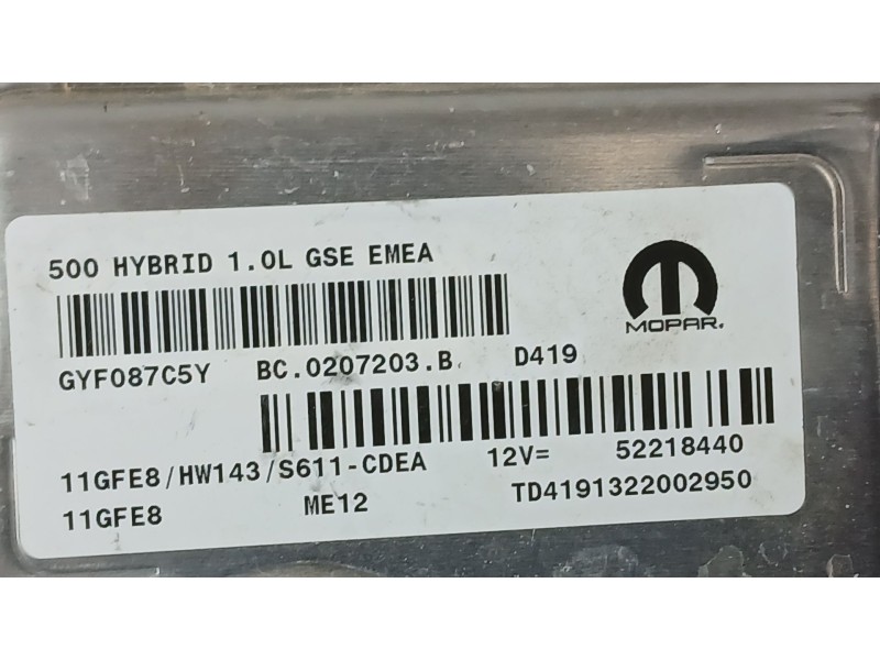 Recambio de centralita motor uce para fiat 500 (312_) 1.0 mild hybrid (312.ayd1b) referencia OEM IAM 52204376  