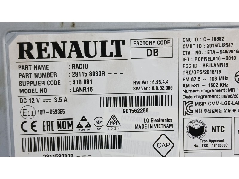 Recambio de sistema audio / radio para renault megane iv hatchback (b9a/m/n_) 1.3 tce 115 (b9n9) referencia OEM IAM 281159729R  
