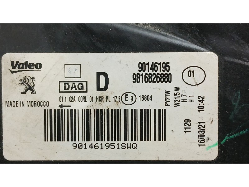 Recambio de faro derecho para peugeot rifter 1.5 bluehdi 100 referencia OEM IAM 9816826880  