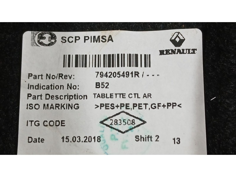 Recambio de bandeja trasera para dacia sandero ii (b8_) 1.0 sce 75 (b8jc, b8jd) referencia OEM IAM 794205491R  