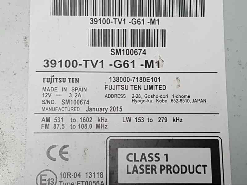 Recambio de sistema navegacion gps para honda civic (fk) 1.6 i-dtec comfort referencia OEM IAM 39100TV1G61M1 1380007180E101 FUJI