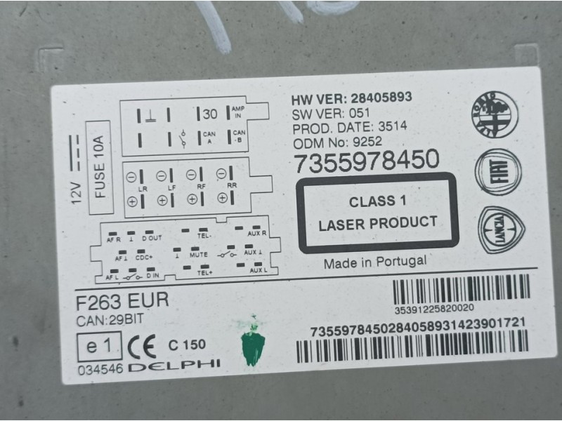 Recambio de sistema audio / radio cd para fiat doblo pop referencia OEM IAM 7355978450 28405893 DELPHI