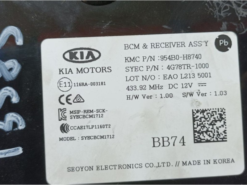 Recambio de modulo electronico para kia stonic (ybcuv) black edition referencia OEM IAM 954B0H8740 4G78TR1000 BCM RECEIVER