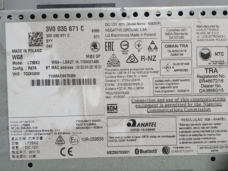 Recambio de sistema navegacion gps para skoda superb (3v3) active referencia OEM IAM 3V0035871C 702X0200 LG