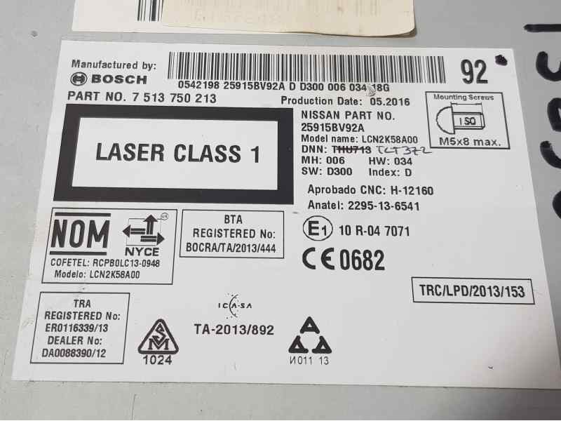 Recambio de sistema navegacion gps para nissan juke (f15) acenta referencia OEM IAM 25915BV92A 7513750213 BOSCH-BOTON TOCADO