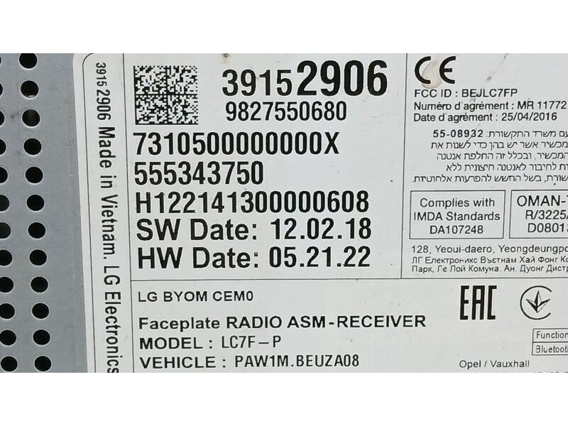 Recambio de sistema navegacion gps para opel crossland x edition referencia OEM IAM 9827550680 LG 39152906 555343750